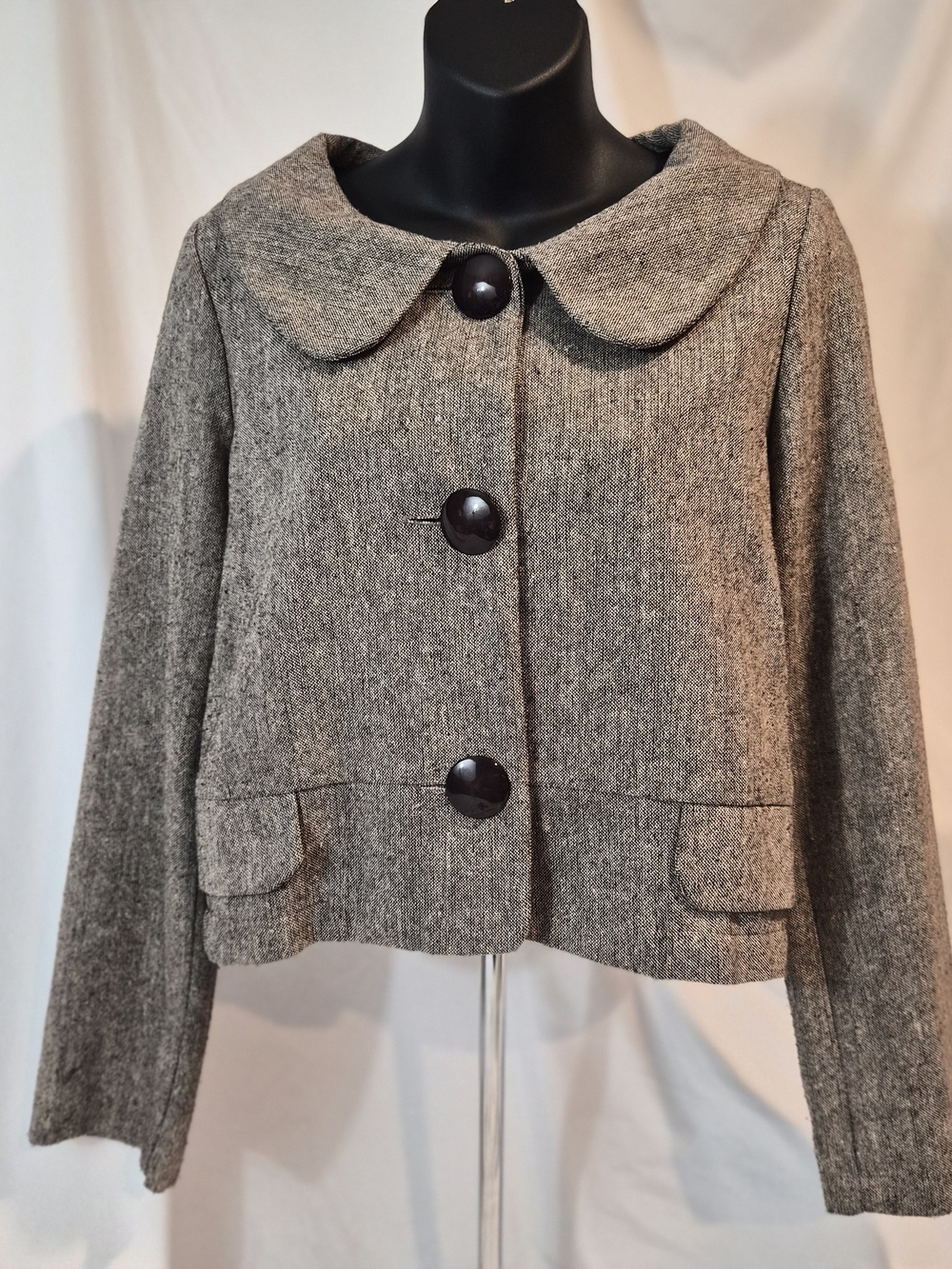 Collective Clothing Tweed Crop Jacket Peter Pan Collar Vintage Retro Gray M